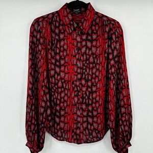 Bardot Womens Red Leopard Print Button Down Blouse Long Sleeve Collared Top S 6
